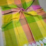 Multi Colored Checked Handloom Linen Saree