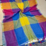 Multi Colored Checked Handloom Linen Saree