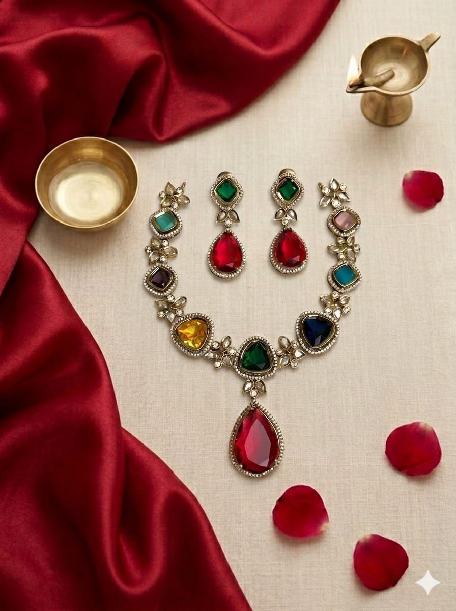 1005192915.jpg Elite Multicolor stoned party wear neckpiece & earring set - Image 1