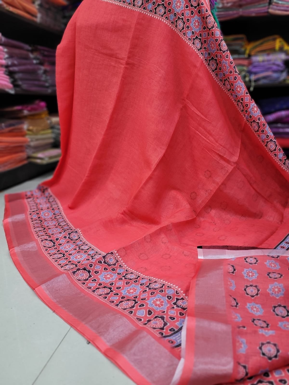 1005207053.jpg Premium Ajrakh cotton saree - Image 1