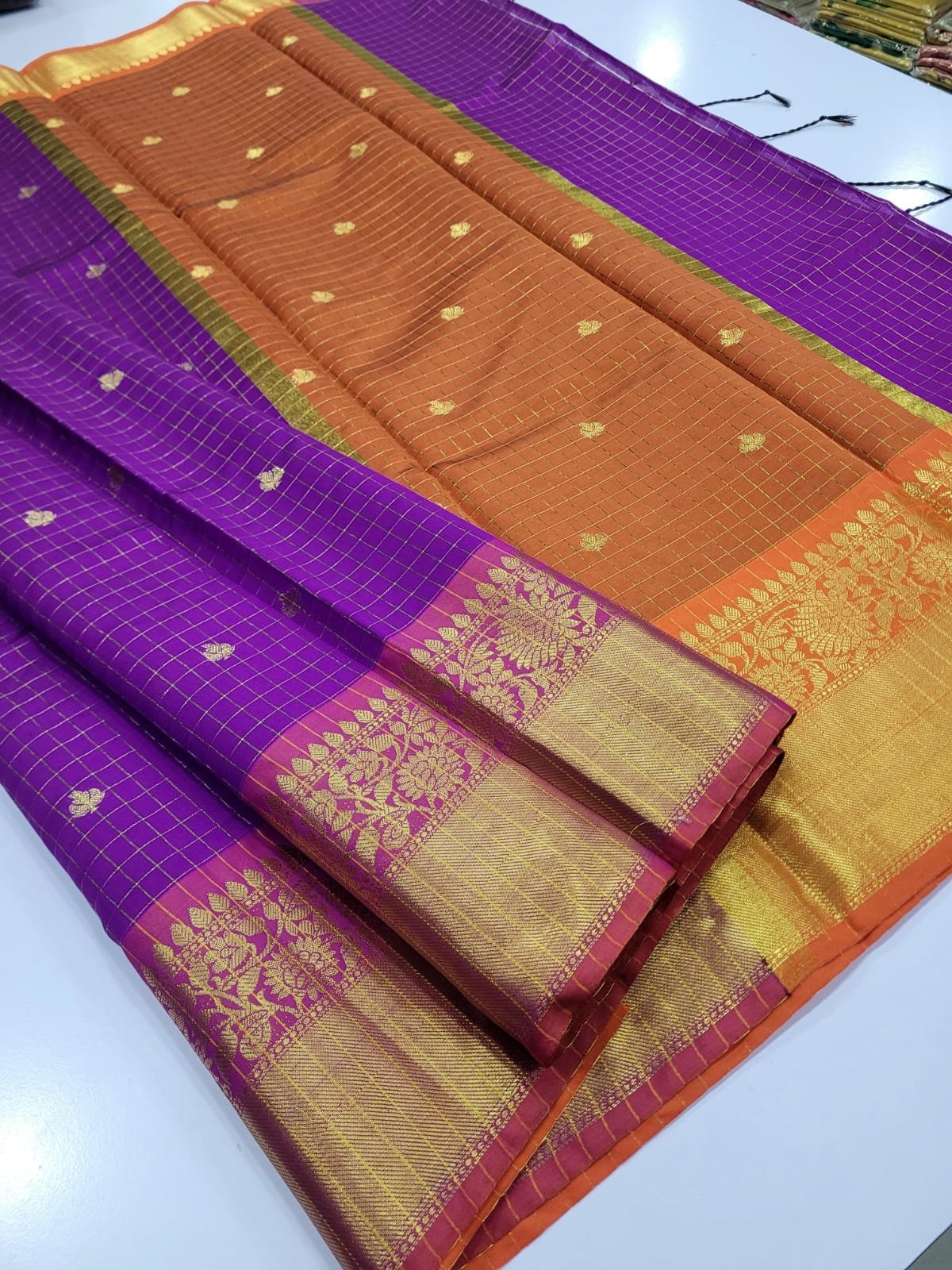 1005235018.jpg Banarasi Checked Soft Katan silk Saree - Image 1
