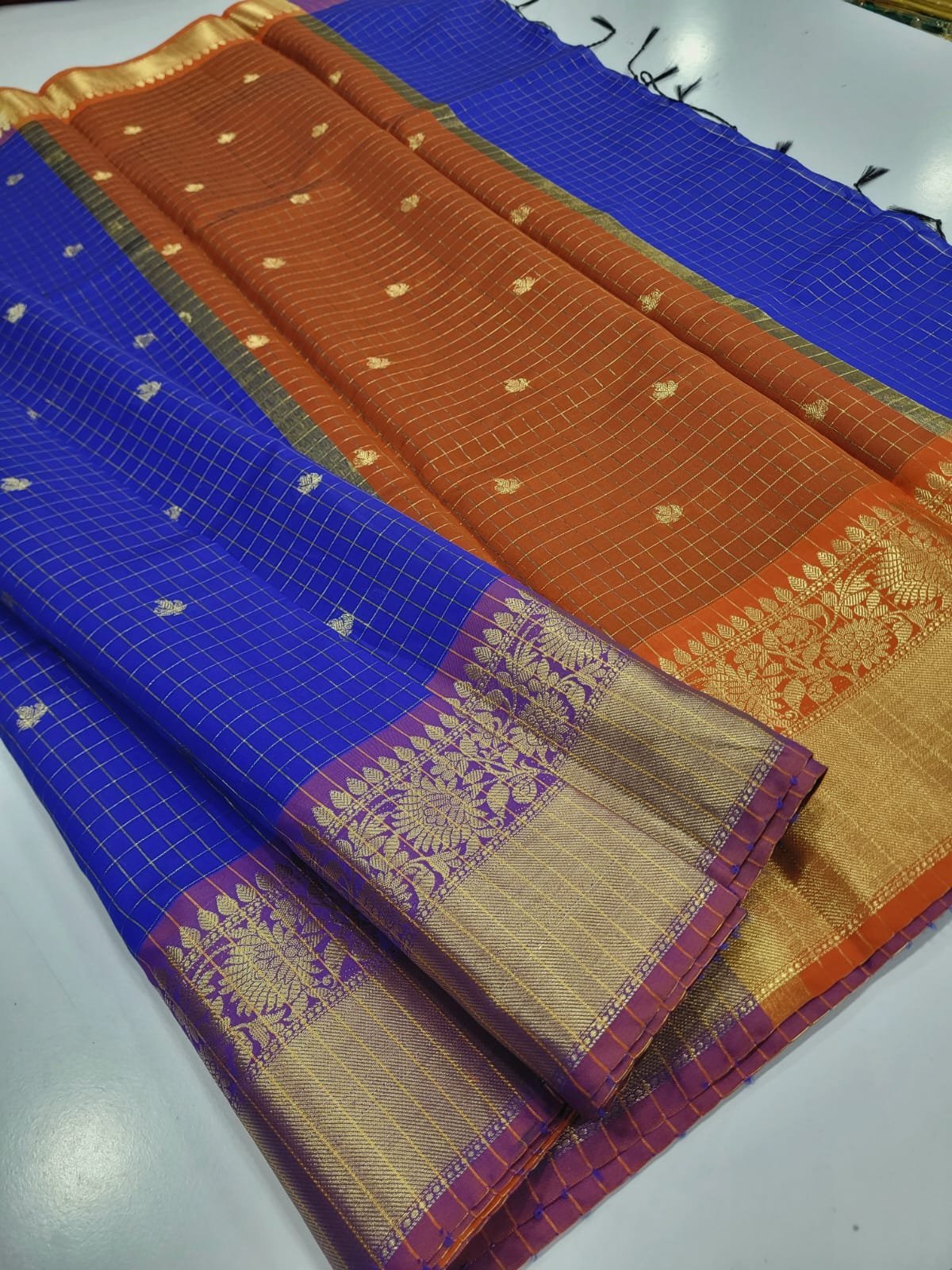 1005235024.jpg Banarasi Checked Soft Katan silk Saree - Image 1
