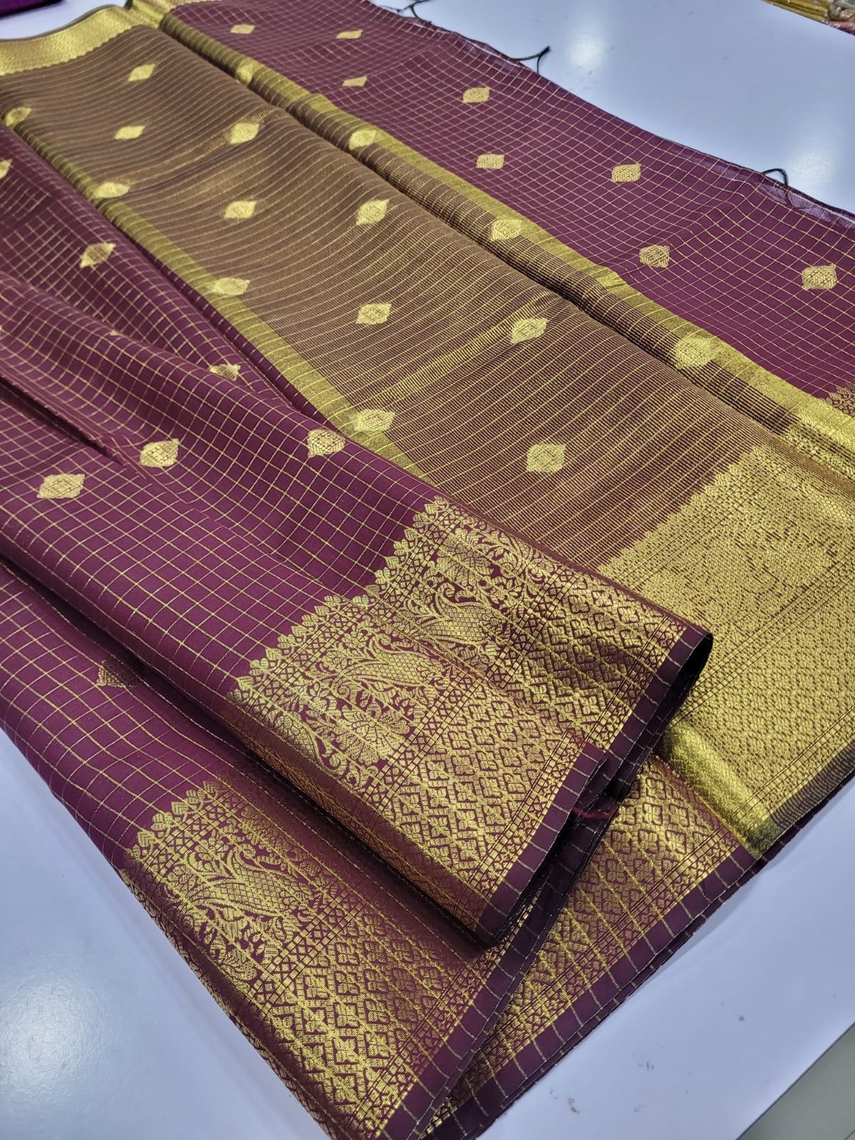 1005235039.jpg Banarasi Checked Soft Katan silk Saree - Image 1