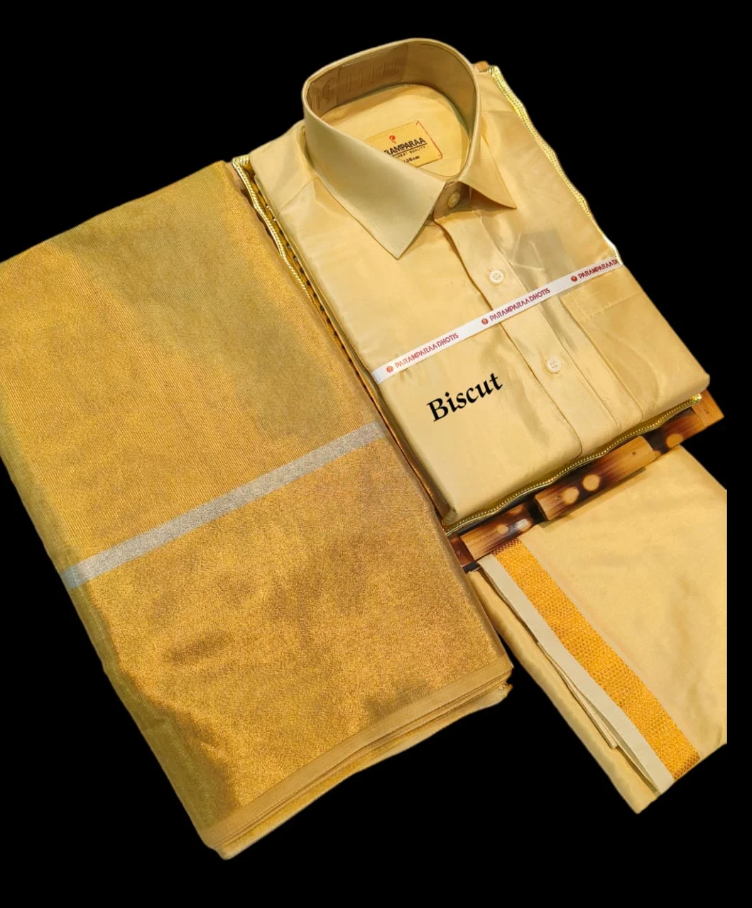 Couple Combo Set Silk Meterial Mixed Shirt Dothi and Tissue Silk Saree Combo - 6 Couple Combo Set: Silk Meterial Mixed Shirt Dothi and Tissue Silk Saree Combo - Image 1